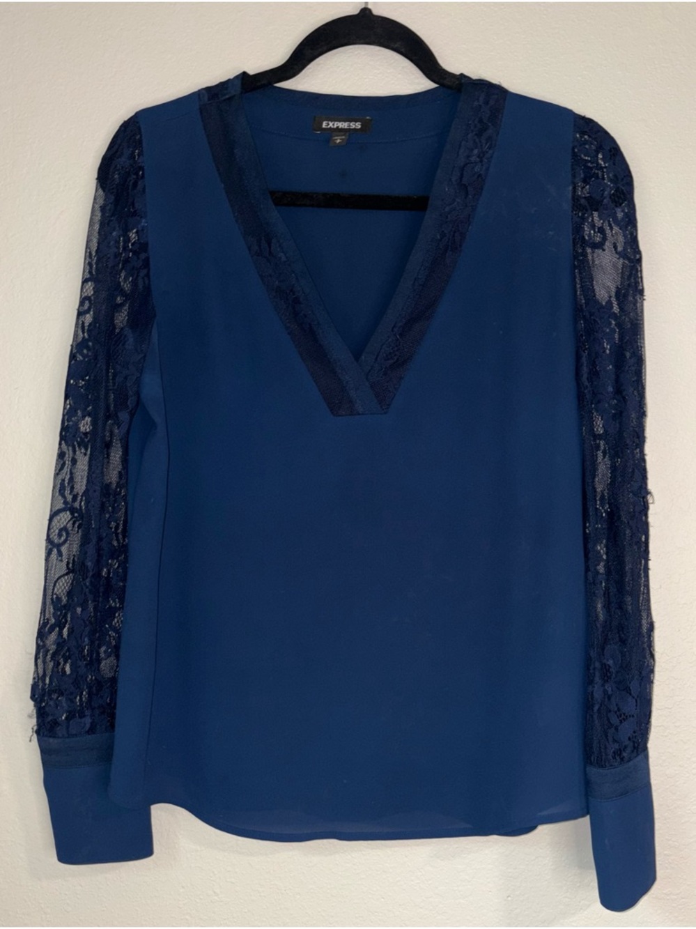 Express Navy V-Neck Blouse with Lace Sleeves
